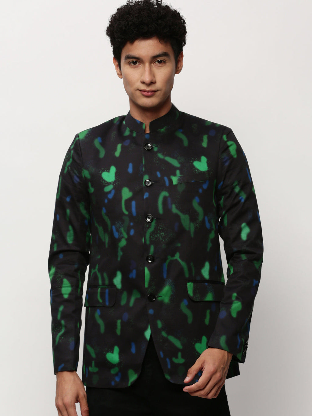 Men's Black Abstract Printed Slim-Fit Cotton Bandhgala Blazer