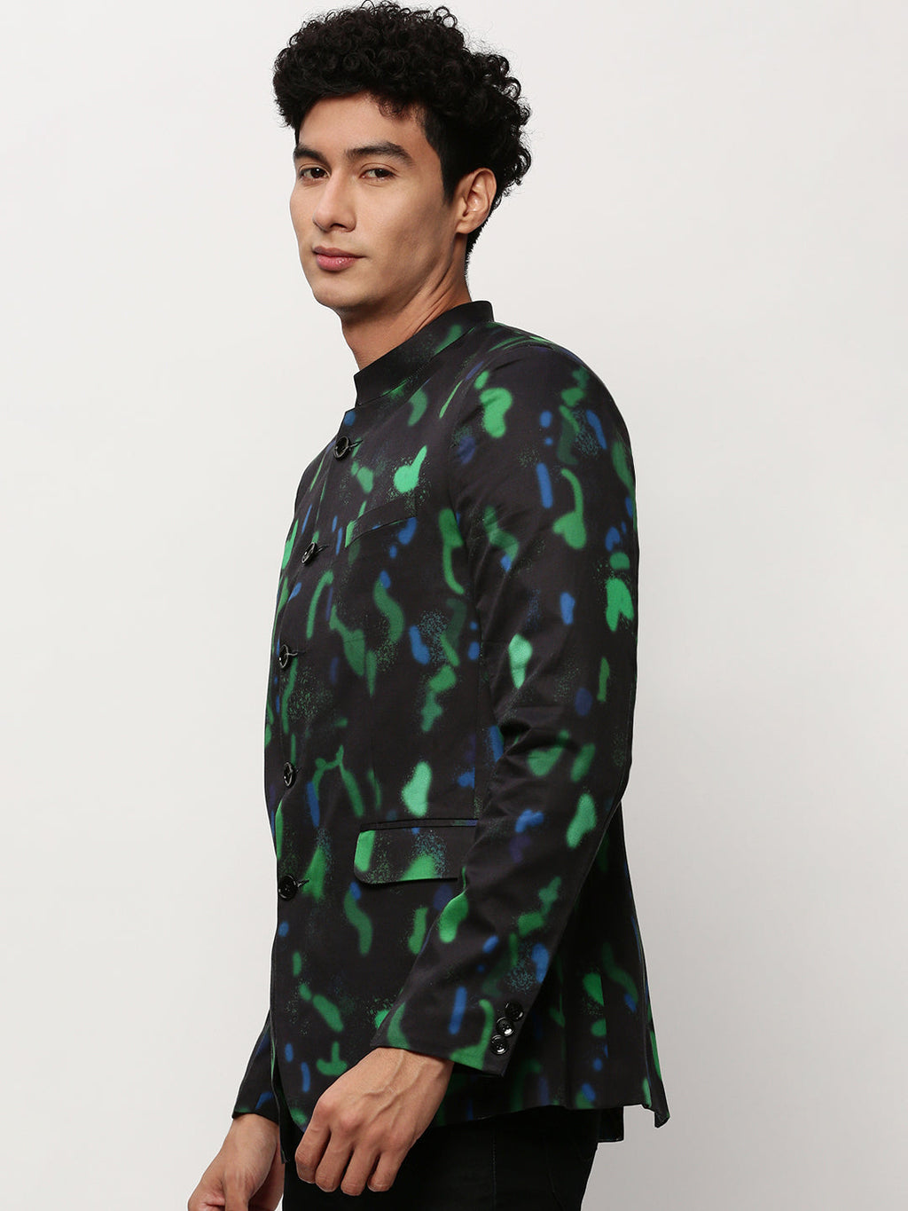 Men's Black Abstract Printed Slim-Fit Cotton Bandhgala Blazer