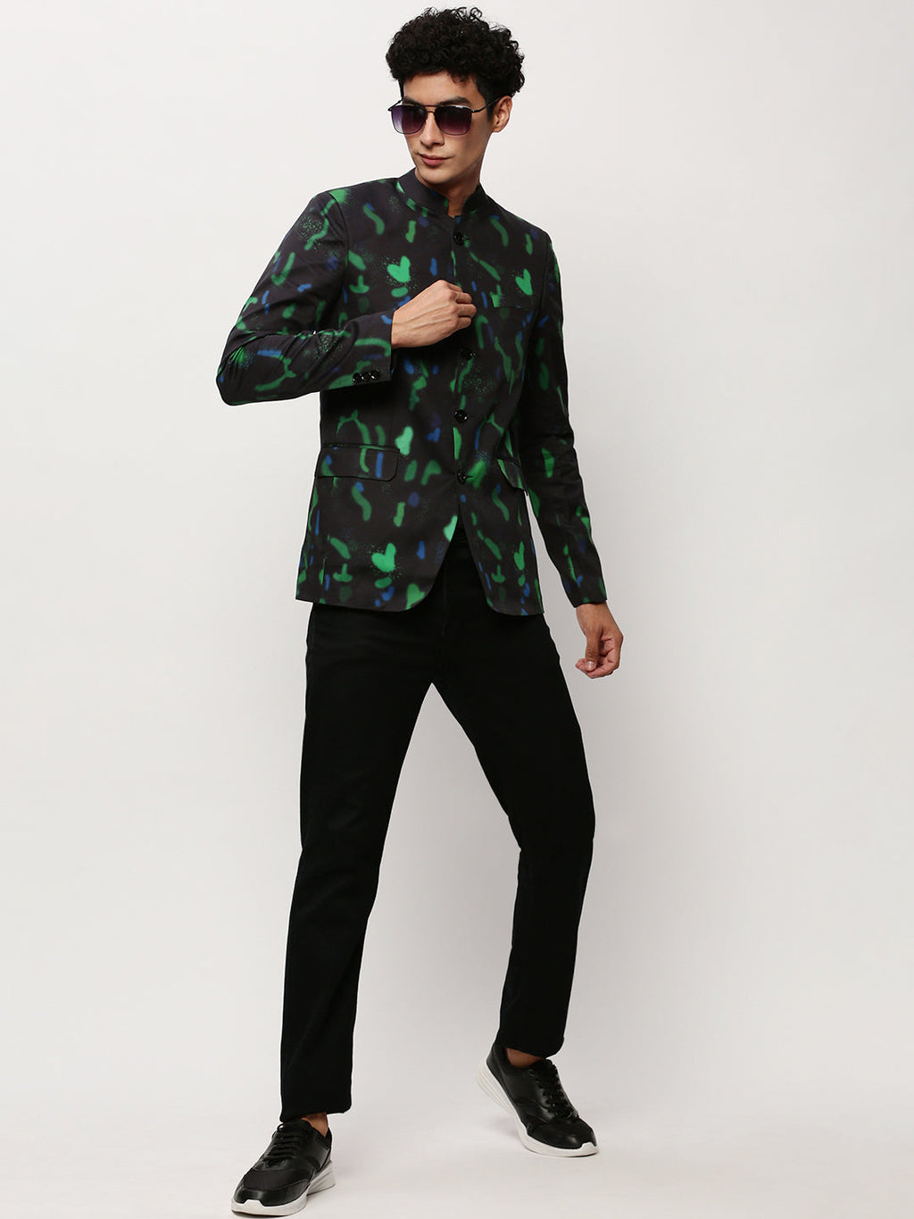 Men's Black Abstract Printed Slim-Fit Cotton Bandhgala Blazer