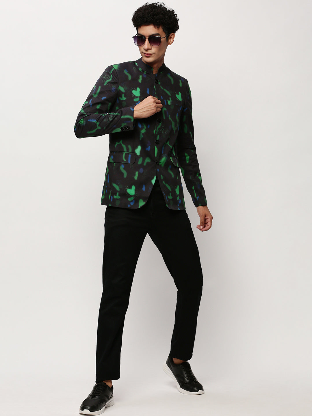 Men's Black Abstract Printed Slim-Fit Cotton Bandhgala Blazer