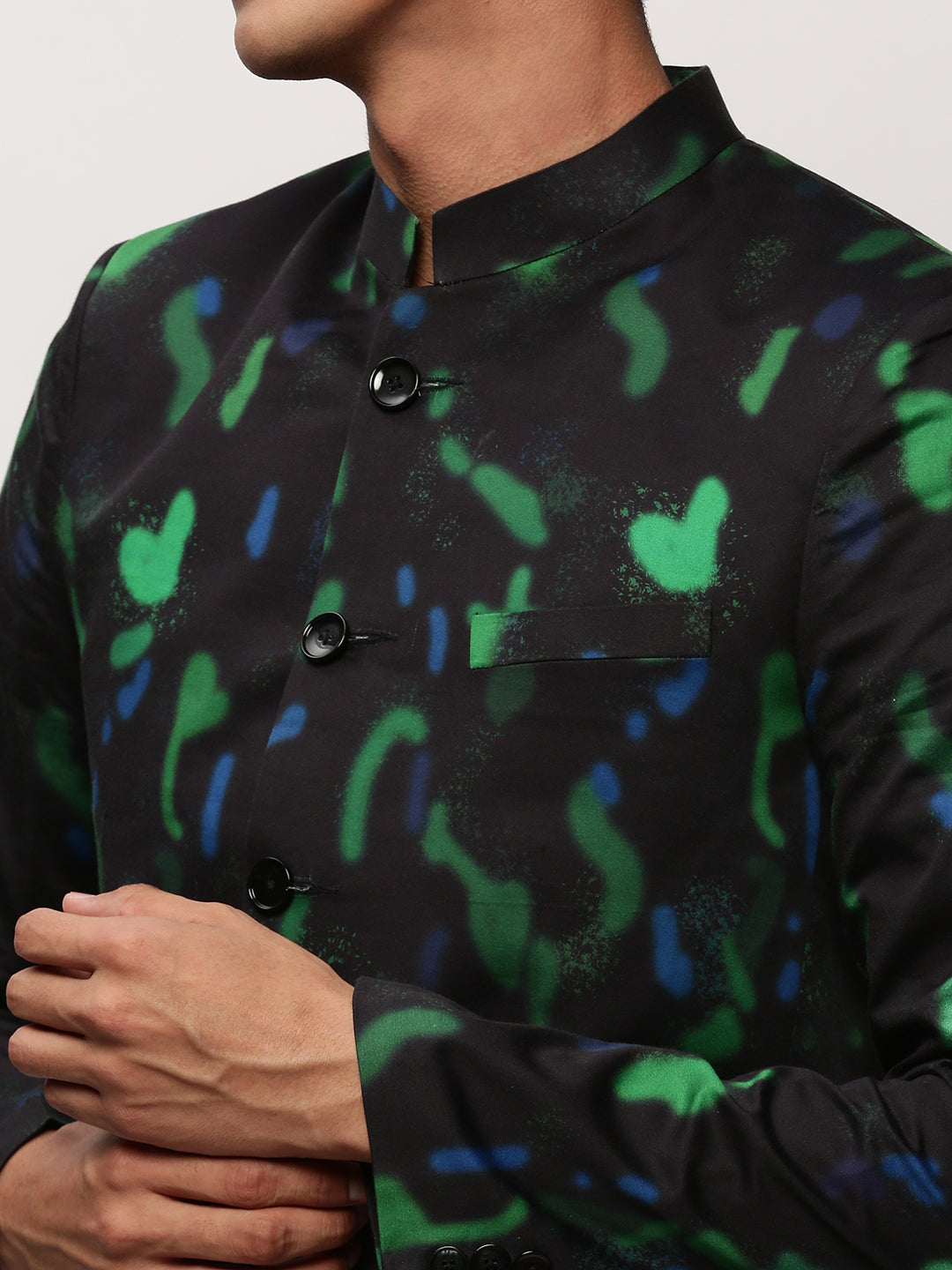 Men's Black Abstract Printed Slim-Fit Cotton Bandhgala Blazer