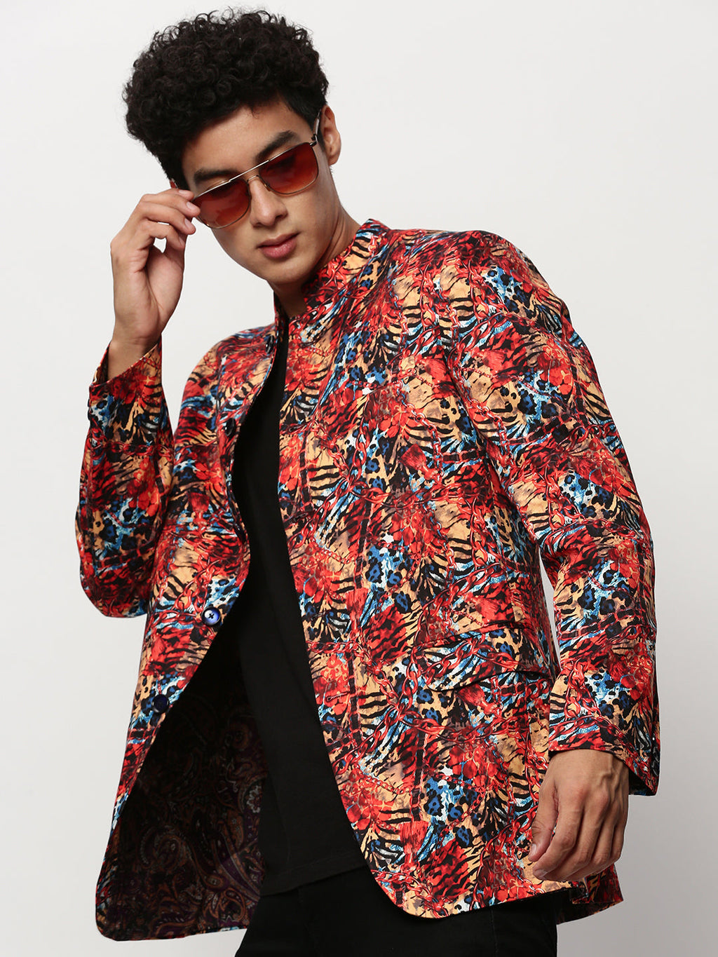 Men's Coral Printed Slim-Fit Cotton Bandhgala Blazer