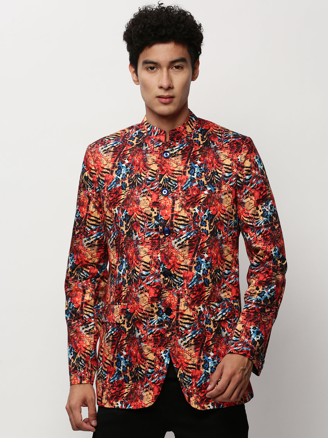 Men's Coral Printed Slim-Fit Cotton Bandhgala Blazer