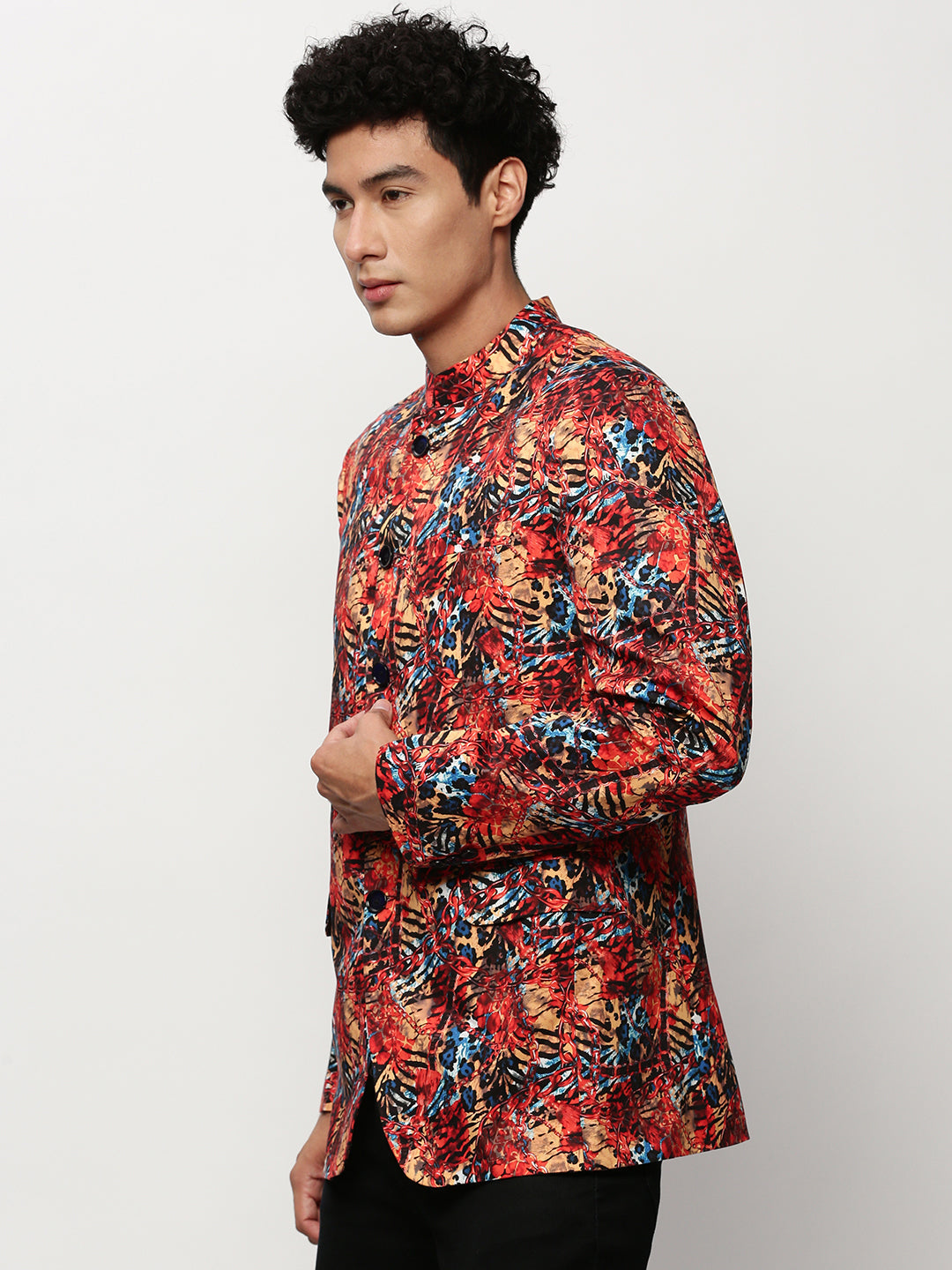 Men's Coral Printed Slim-Fit Cotton Bandhgala Blazer