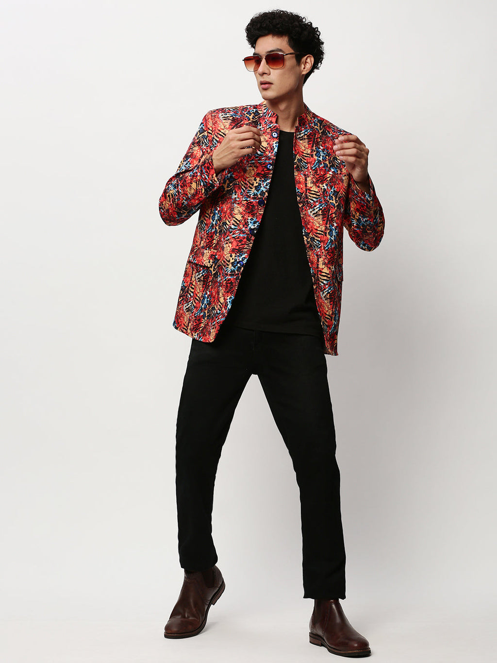 Men's Coral Printed Slim-Fit Cotton Bandhgala Blazer