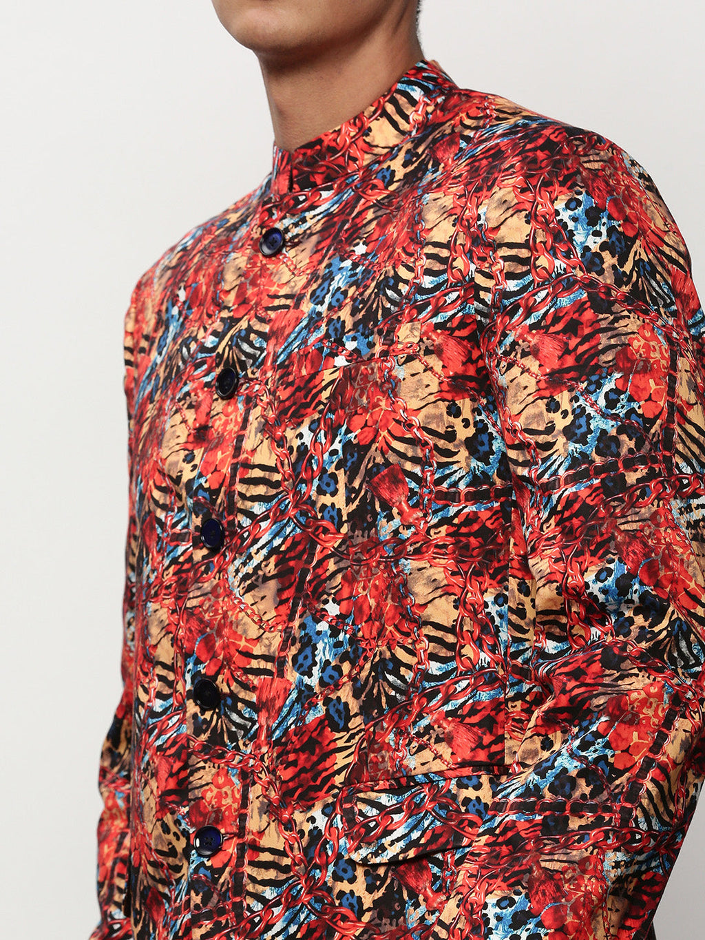 Men's Coral Printed Slim-Fit Cotton Bandhgala Blazer