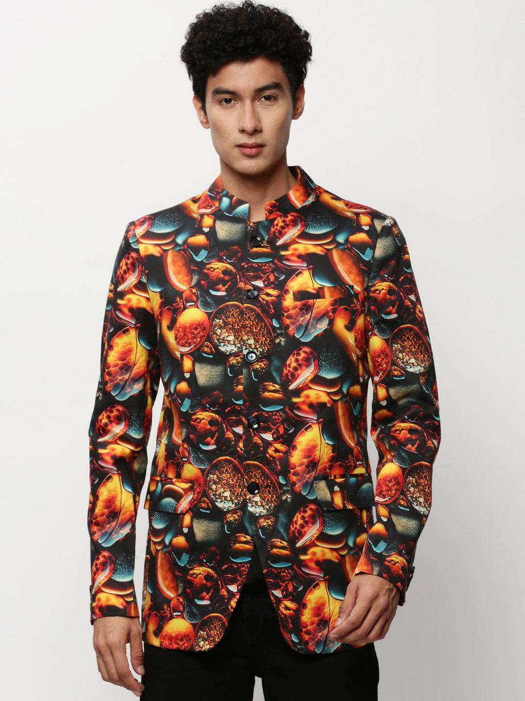 Men's Orange Printed Slim-Fit Cotton Bandhgala Blazer