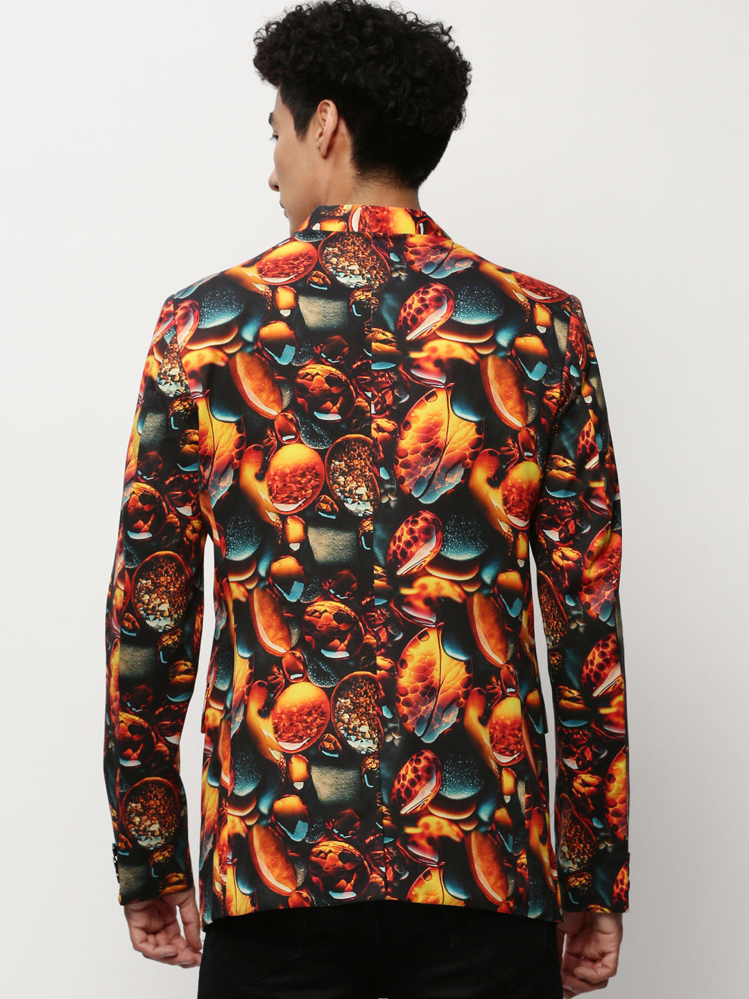 Men's Orange Printed Slim-Fit Cotton Bandhgala Blazer