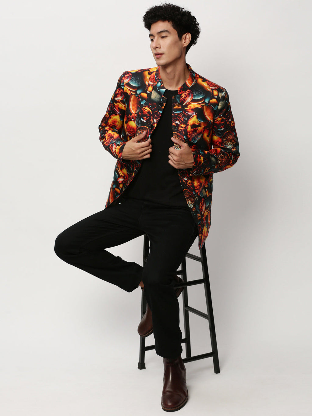 Men's Orange Printed Slim-Fit Cotton Bandhgala Blazer