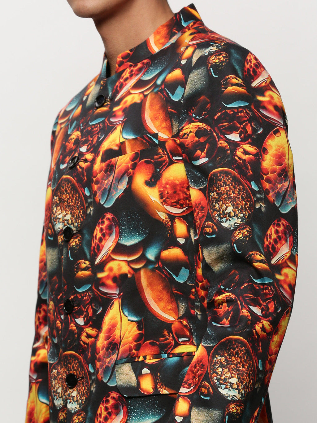 Men's Orange Printed Slim-Fit Cotton Bandhgala Blazer