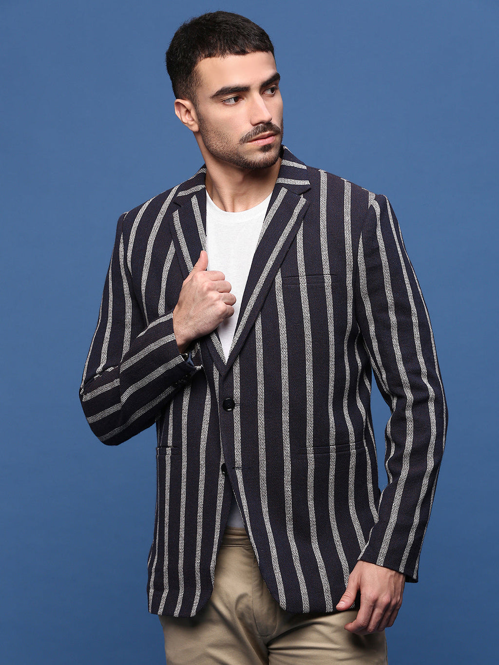 Men's Navy Blue Slim Fit Single-Breasted Checked Notched Lapel Cotton Blazers