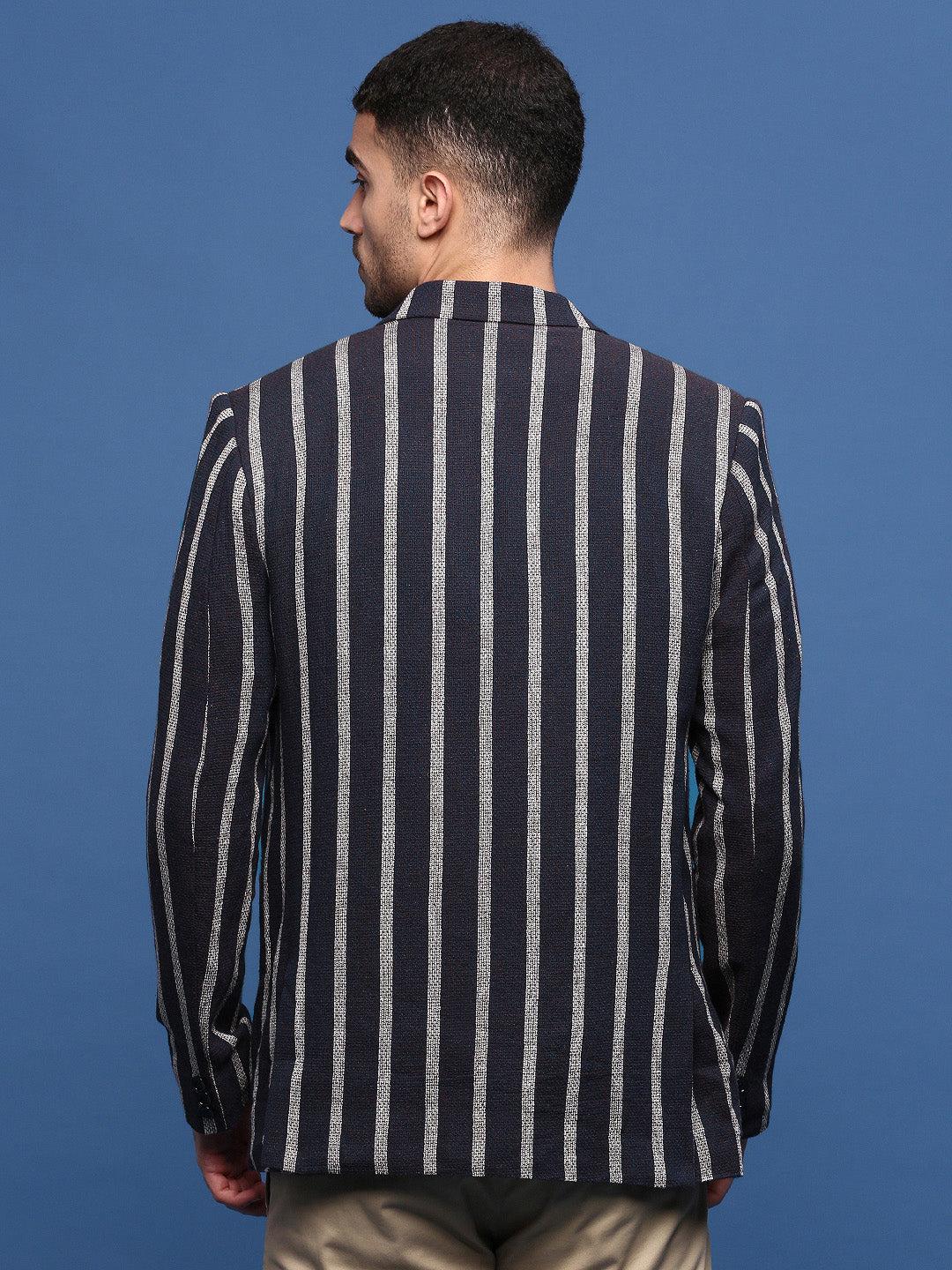 Men's Navy Blue Slim Fit Single-Breasted Checked Notched Lapel Cotton Blazers