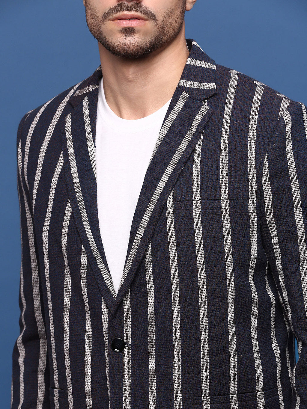 Men's Navy Blue Slim Fit Single-Breasted Checked Notched Lapel Cotton Blazers