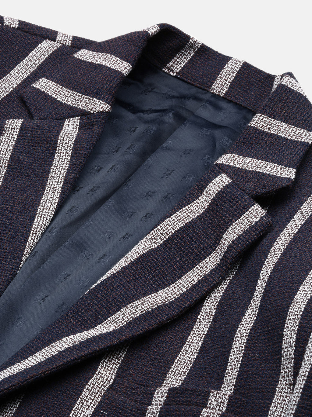 Men's Navy Blue Slim Fit Single-Breasted Checked Notched Lapel Cotton Blazers