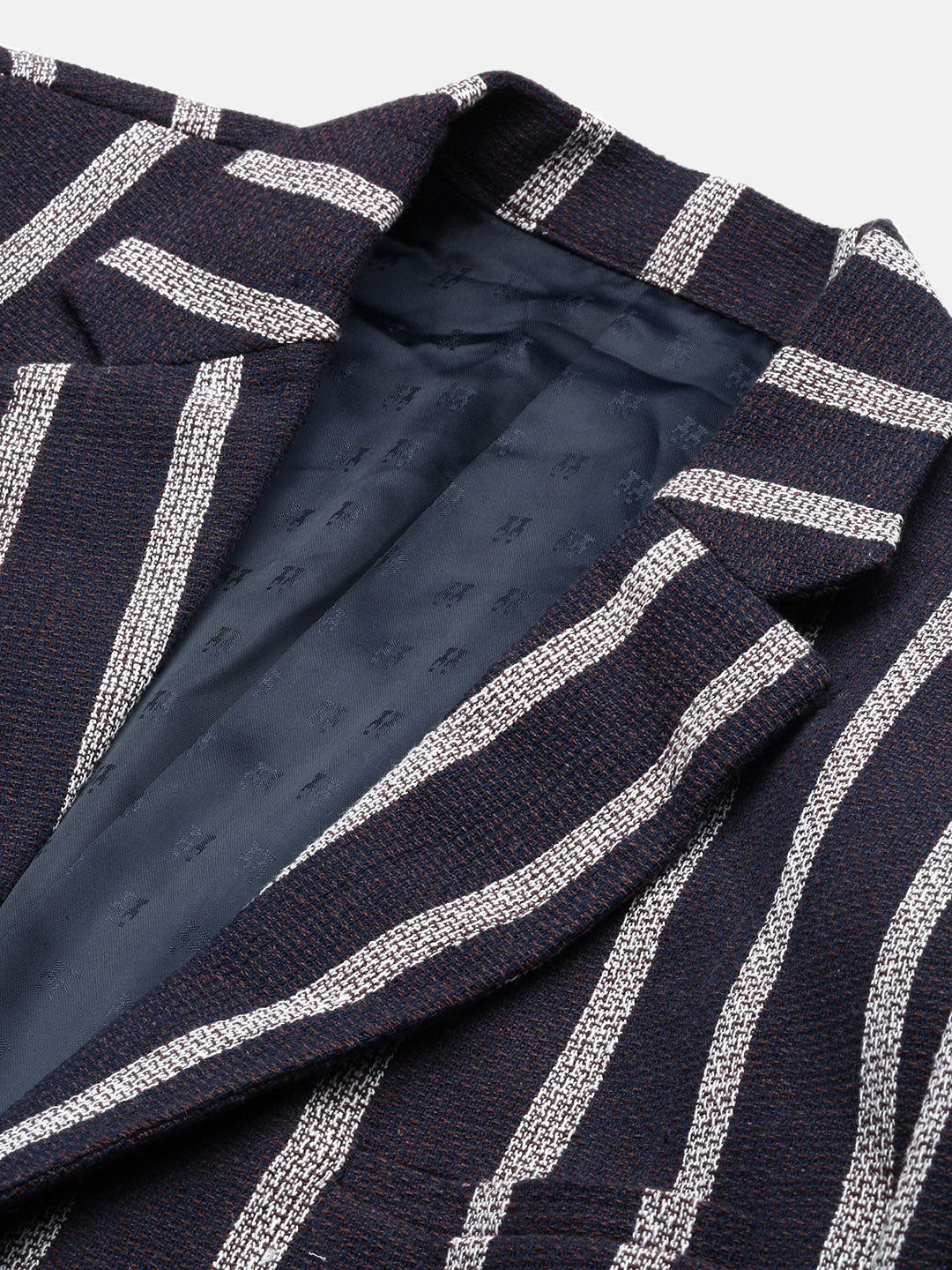 Men's Navy Blue Slim Fit Single-Breasted Checked Notched Lapel Cotton Blazers