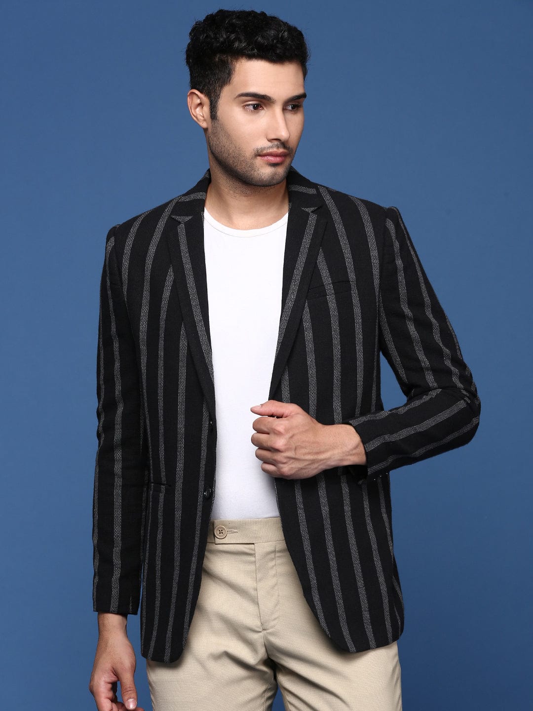 Men's Black Striped Single Breasted Slim Fit Blazer