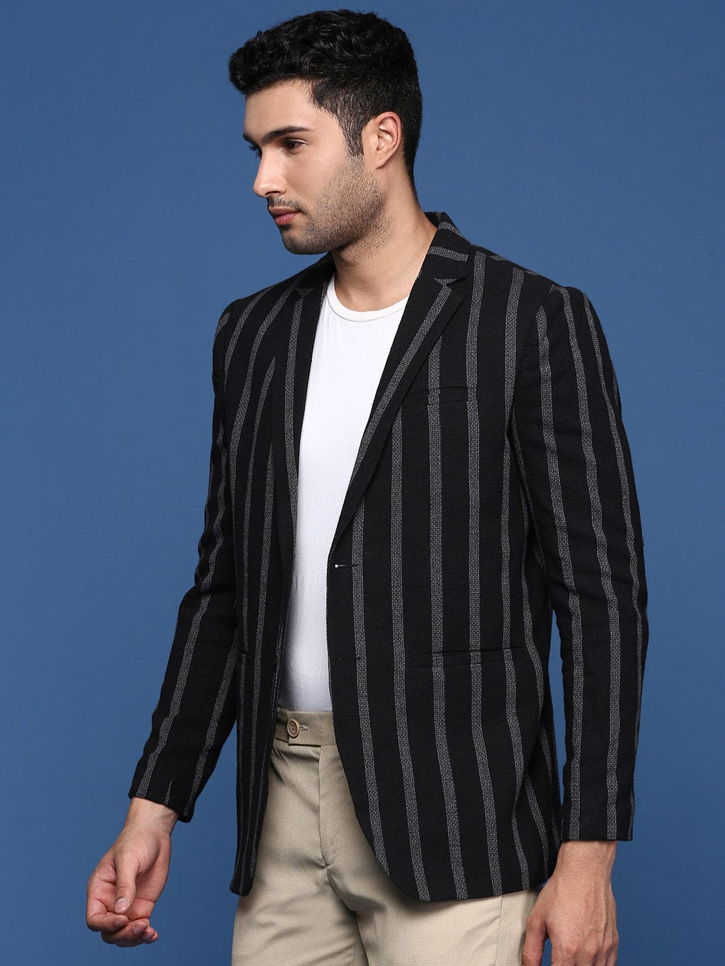 Men's Black Striped Single Breasted Slim Fit Blazer