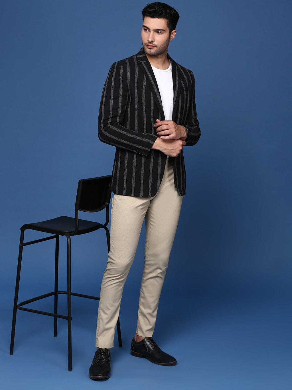 Men's Black Striped Single Breasted Slim Fit Blazer