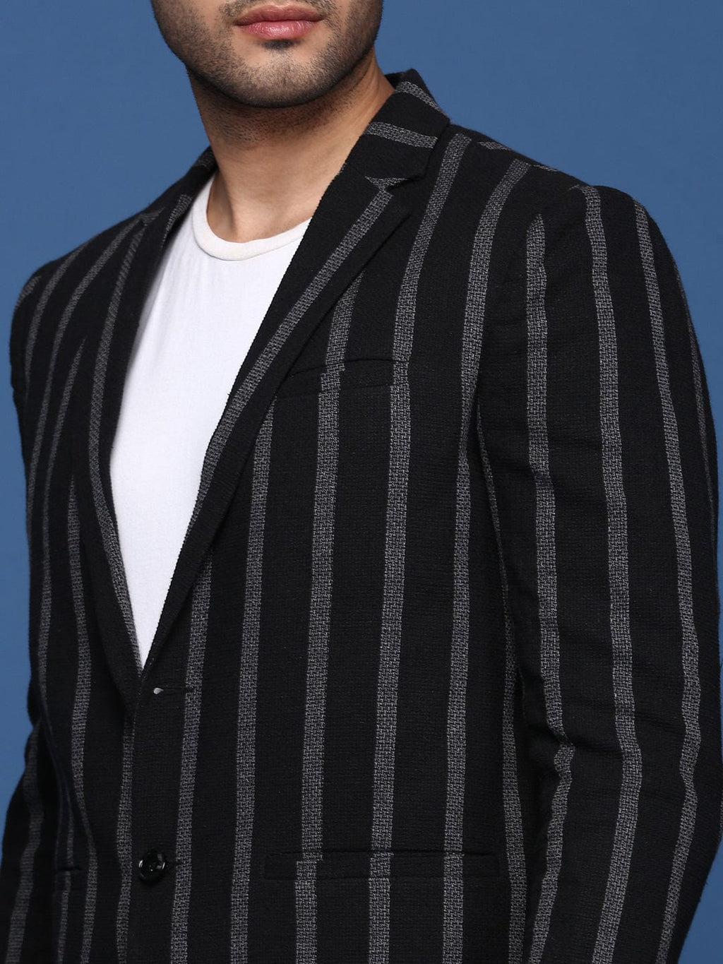 Men's Black Striped Single Breasted Slim Fit Blazer