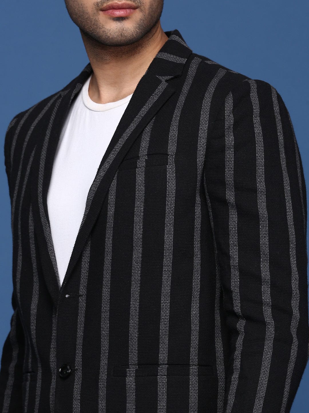 Men's Black Striped Single Breasted Slim Fit Blazer