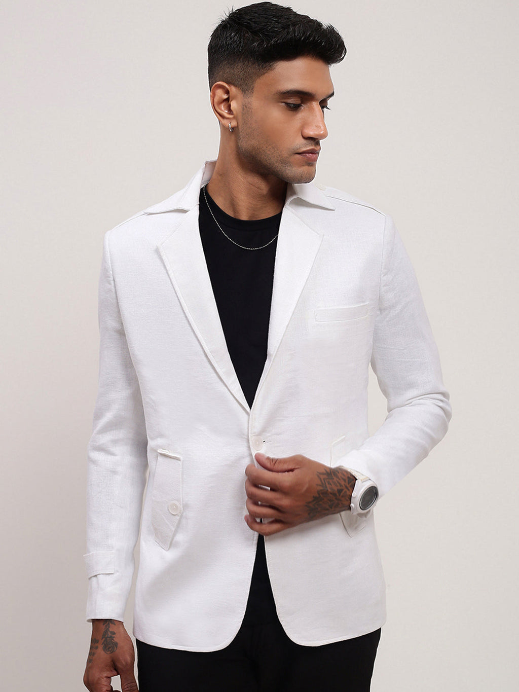 Men's White Slim-Fit Notched Lapel Single-Breasted Cotton Blazer