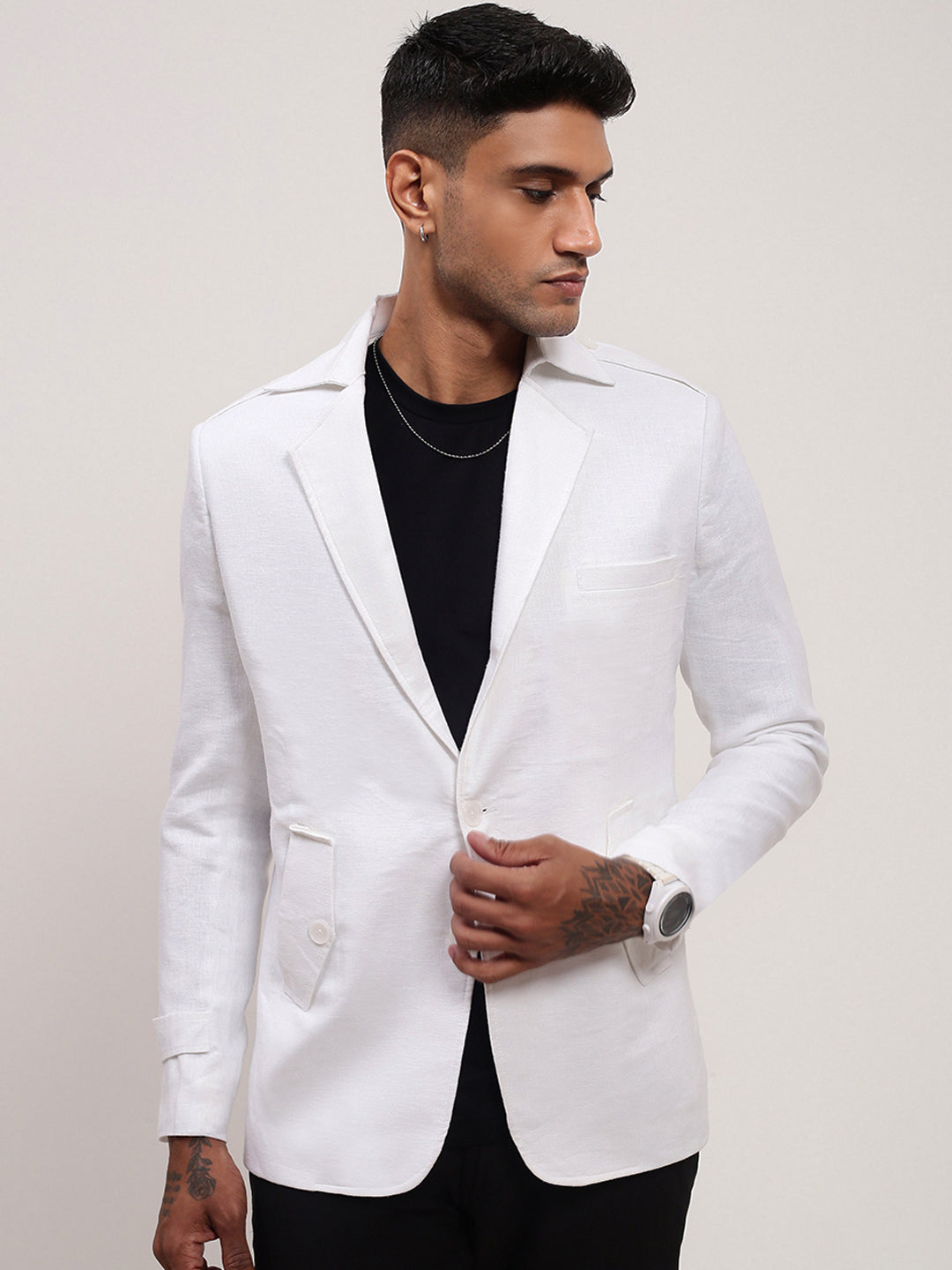 Men's White Slim-Fit Notched Lapel Single-Breasted Cotton Blazer