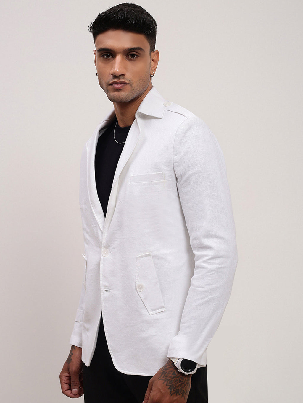 Men's White Slim-Fit Notched Lapel Single-Breasted Cotton Blazer