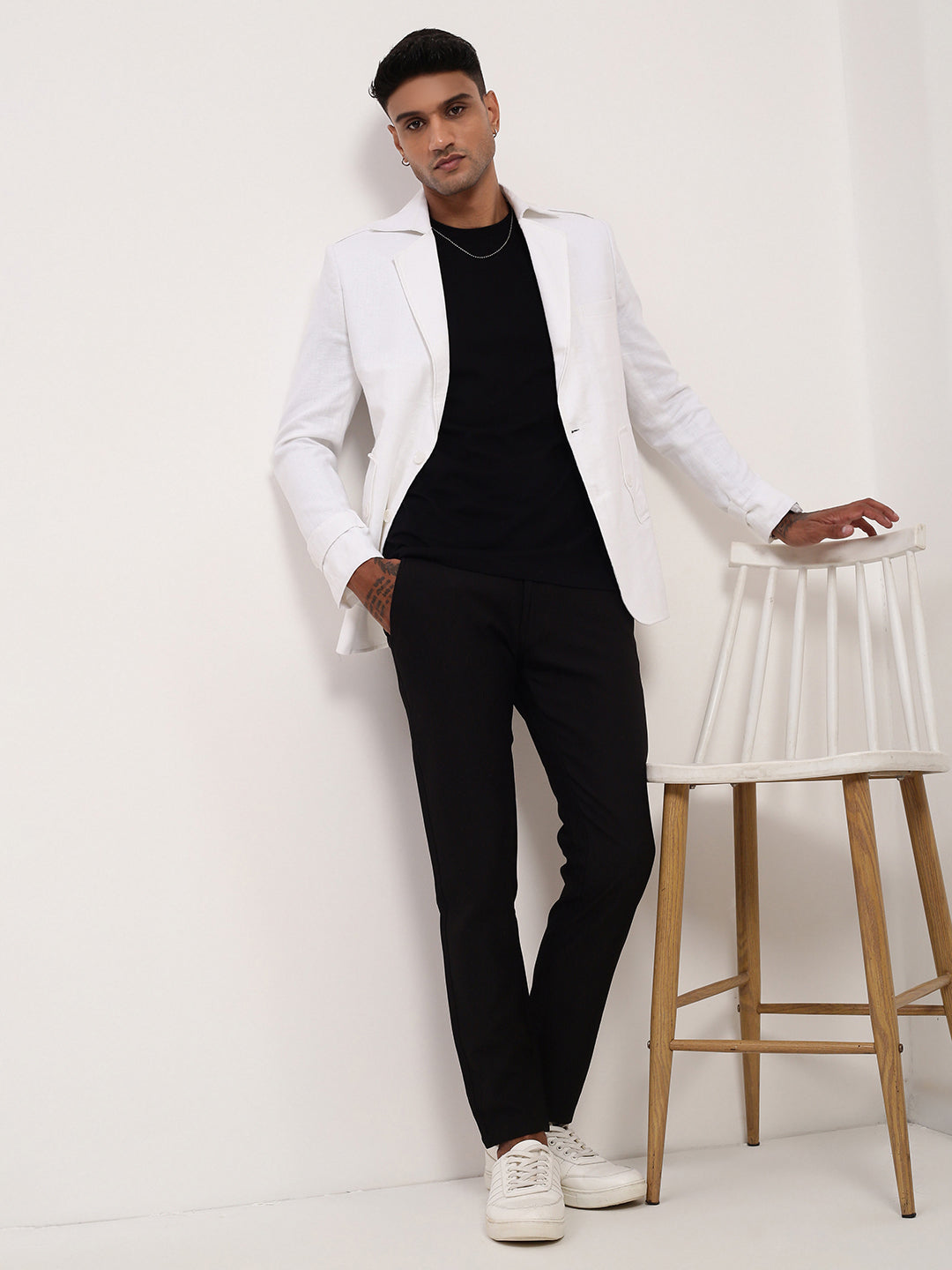 Men's White Slim-Fit Notched Lapel Single-Breasted Cotton Blazer