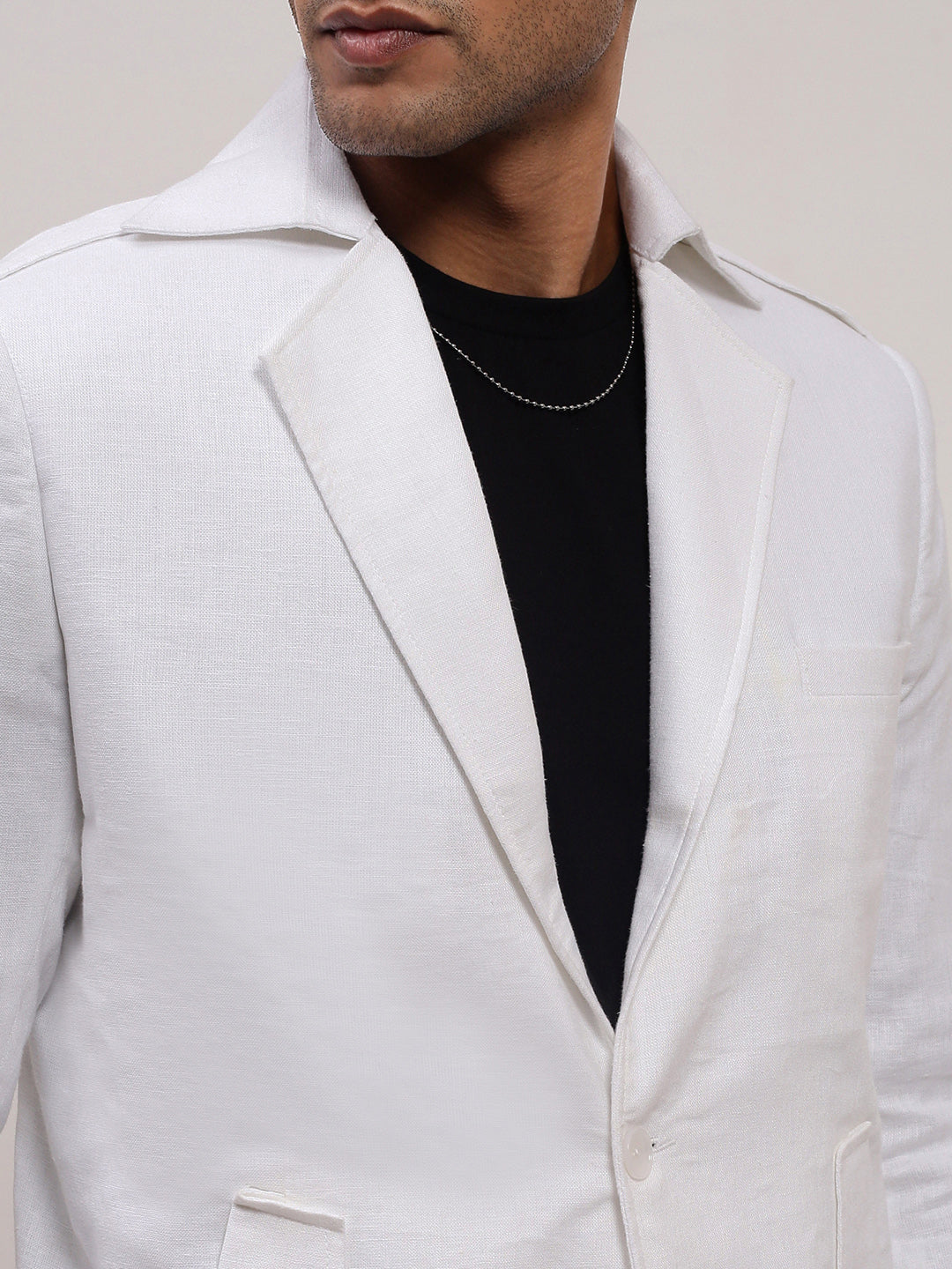 Men's White Slim-Fit Notched Lapel Single-Breasted Cotton Blazer