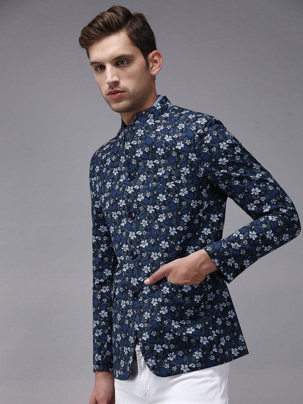 Men's Grey Printed Single- Breasted Blazers