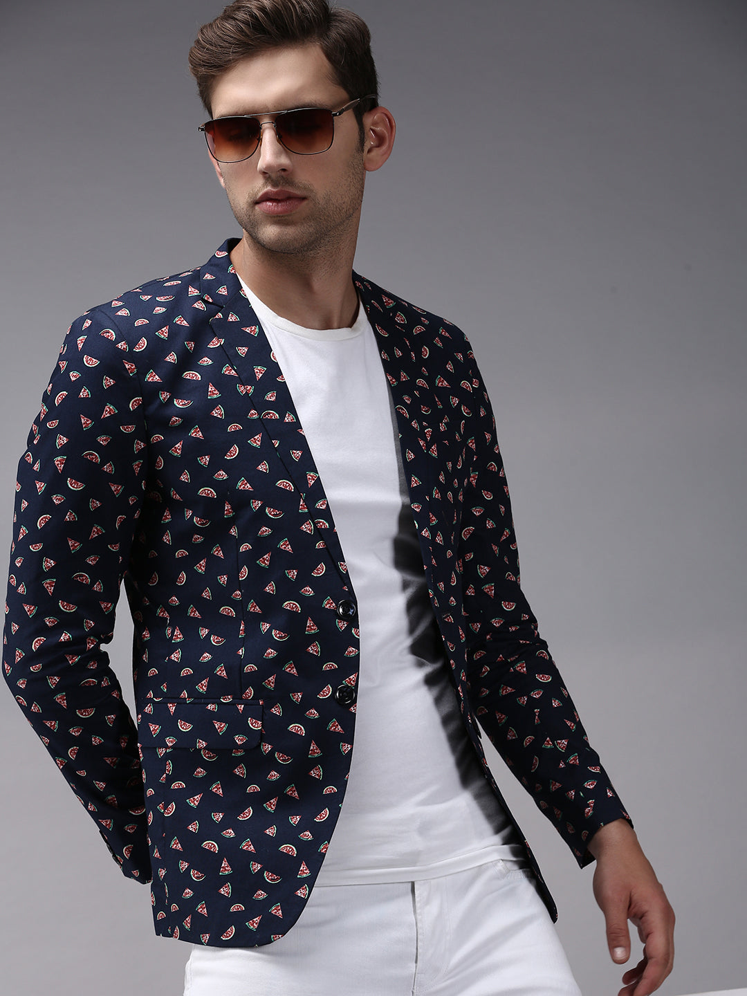 Men's Navy Blue Printed Single-Breasted Blazer