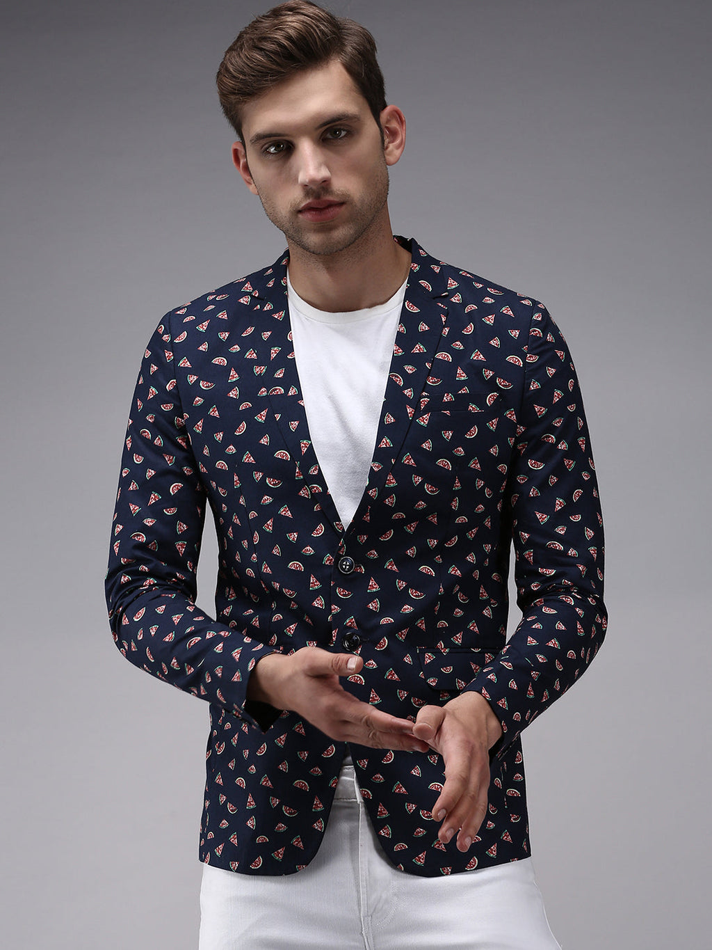 Men's Navy Blue Printed Single-Breasted Blazer