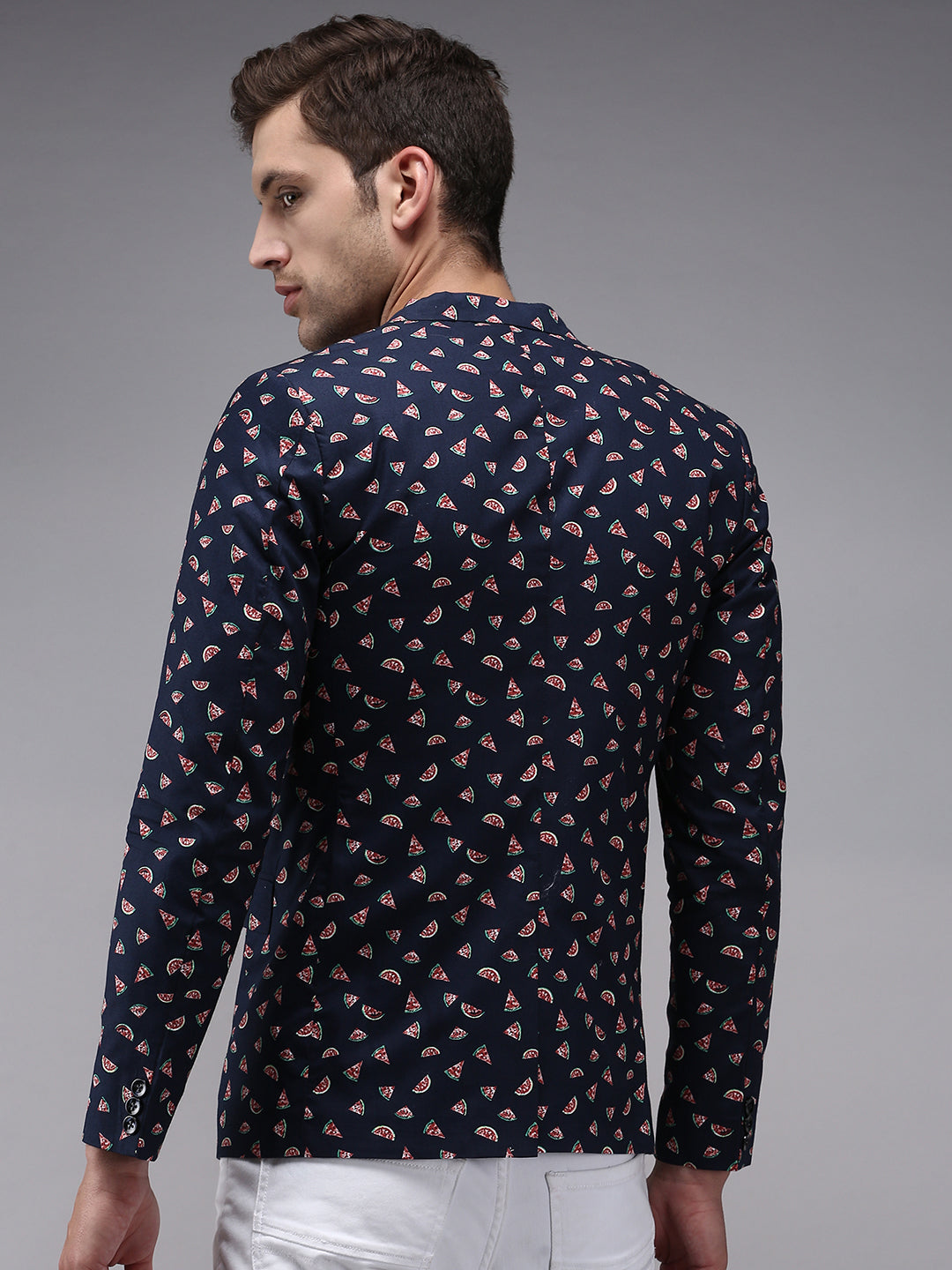 Men's Navy Blue Printed Single-Breasted Blazer