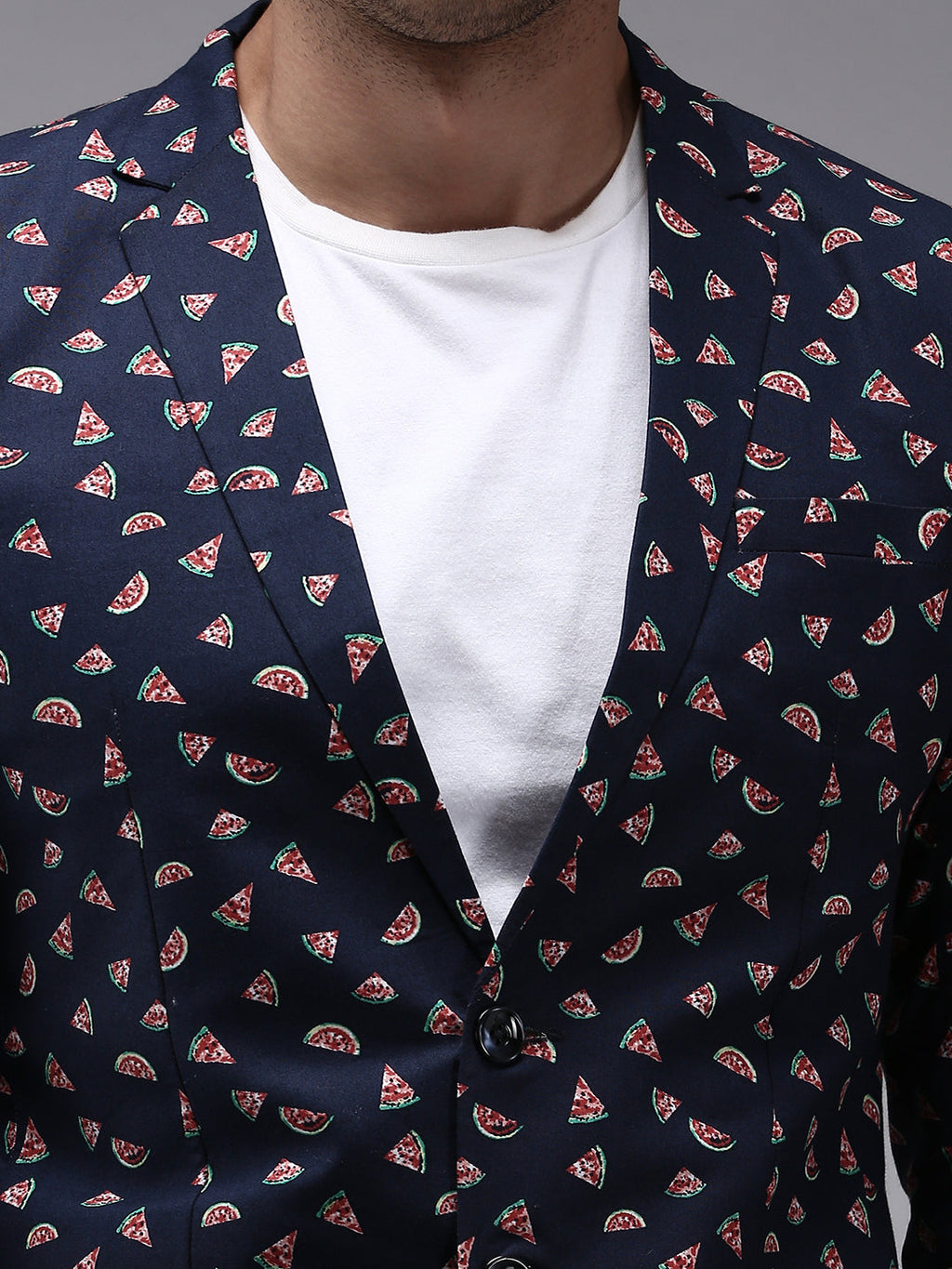 Men's Navy Blue Printed Single-Breasted Blazer