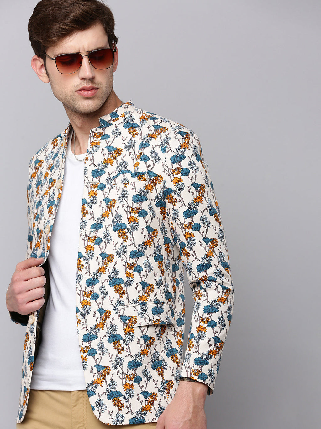 Men's Cream Printed Slim-Fit Bandhgala Blazer