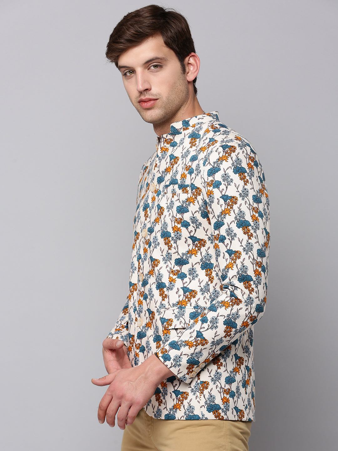 Men's Cream Printed Slim-Fit Bandhgala Blazer