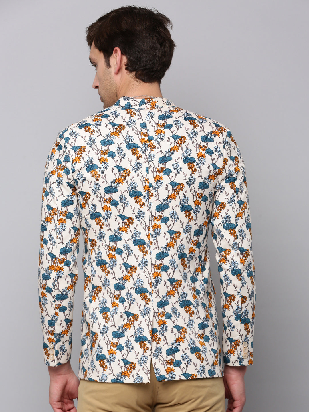 Men's Cream Printed Slim-Fit Bandhgala Blazer