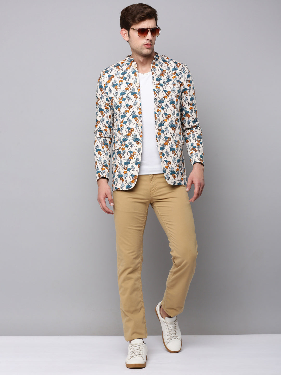Men's Cream Printed Slim-Fit Bandhgala Blazer