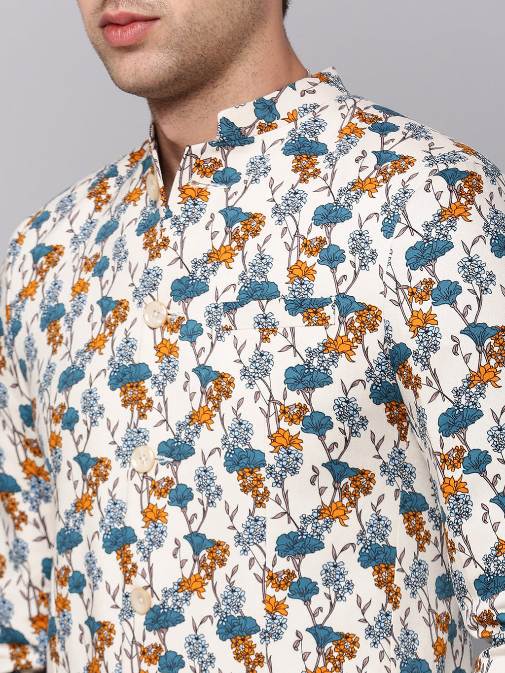 Men's Cream Printed Slim-Fit Bandhgala Blazer