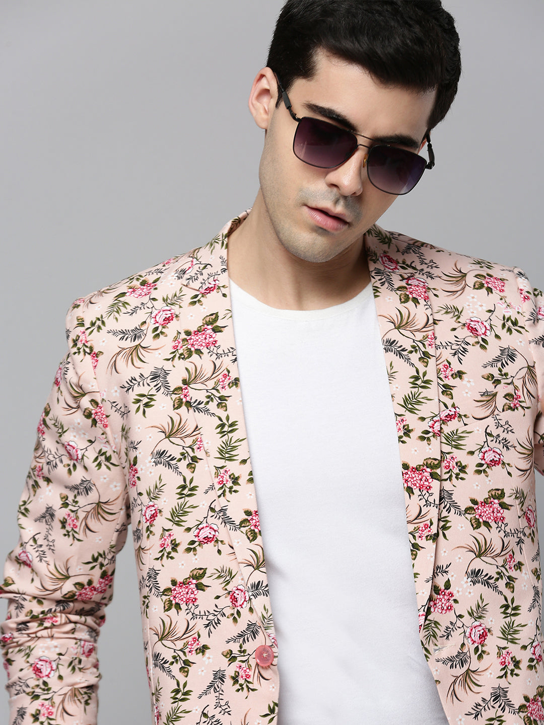 Men's Peach Floral Printed Slim-Fit Single-Breasted Blazer
