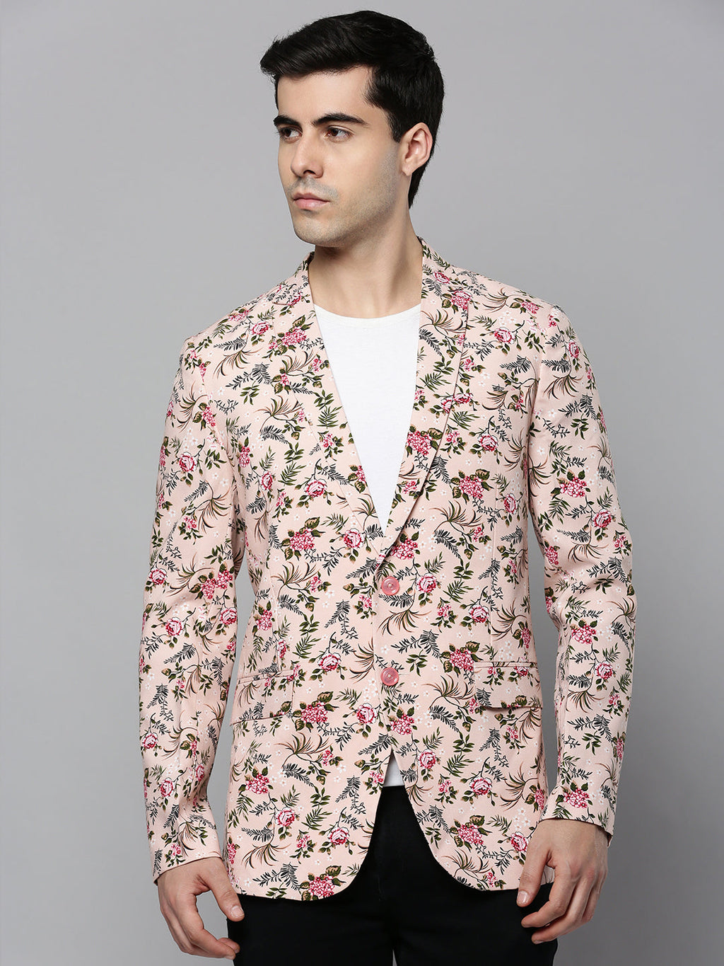 Men's Peach Floral Printed Slim-Fit Single-Breasted Blazer