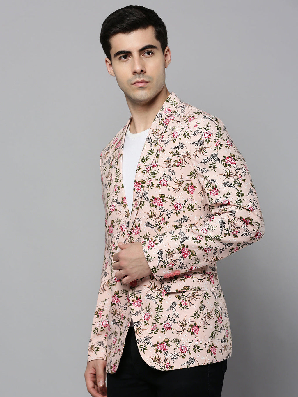 Men's Peach Floral Printed Slim-Fit Single-Breasted Blazer