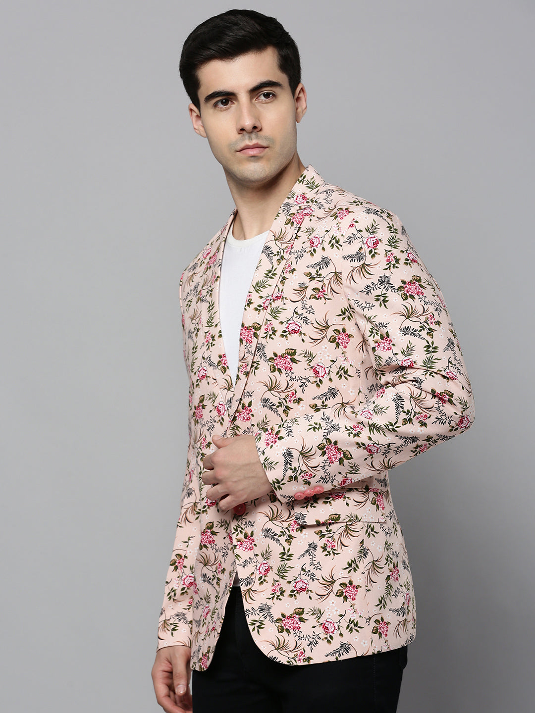 Men's Peach Floral Printed Slim-Fit Single-Breasted Blazer