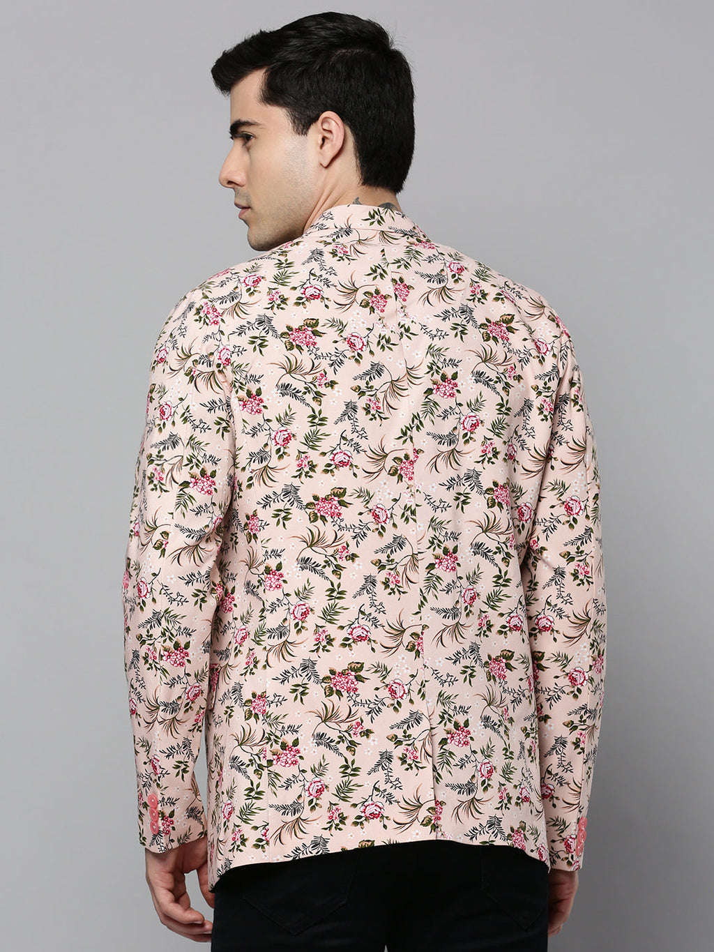 Men's Peach Floral Printed Slim-Fit Single-Breasted Blazer