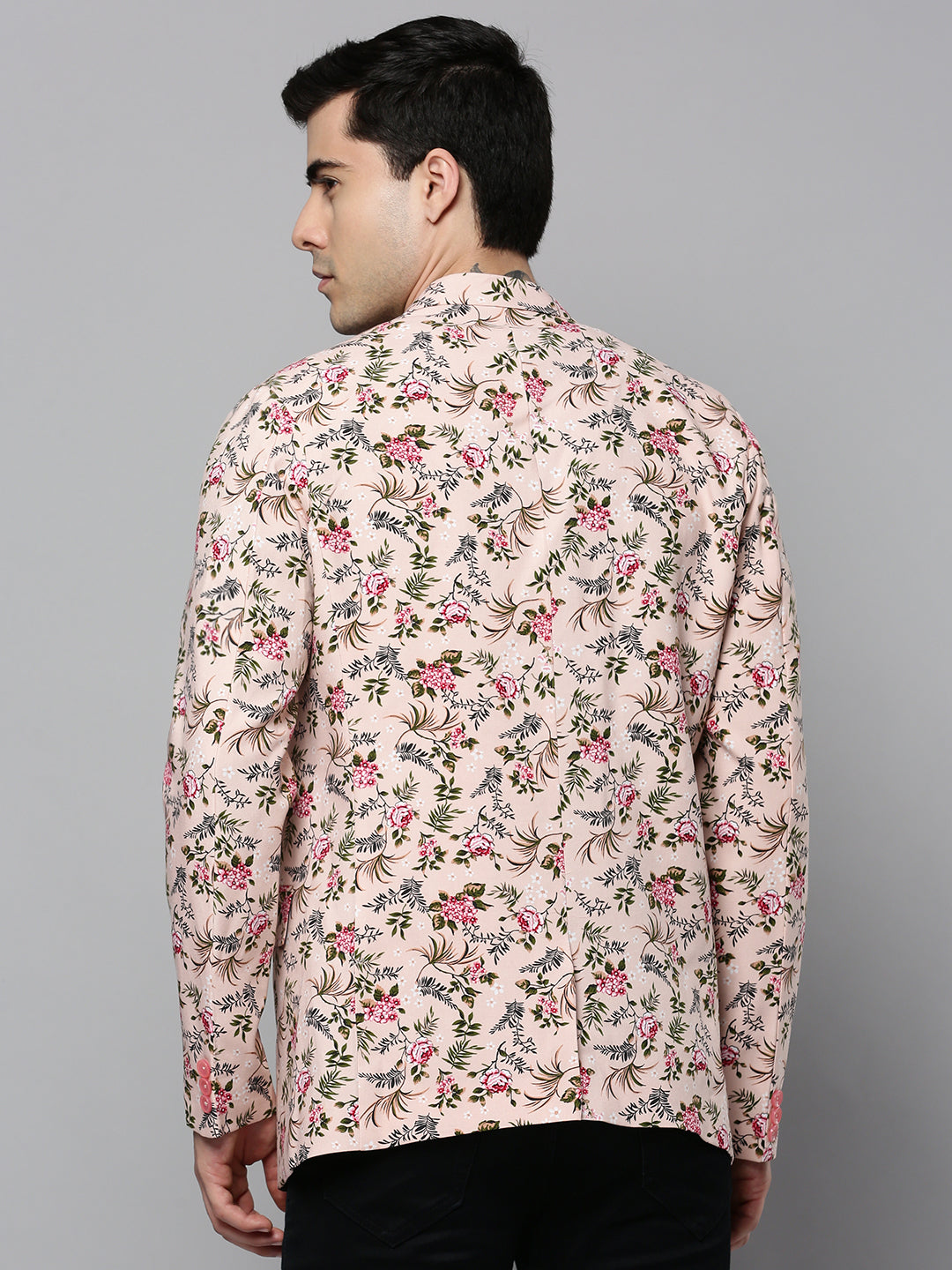 Men's Peach Floral Printed Slim-Fit Single-Breasted Blazer