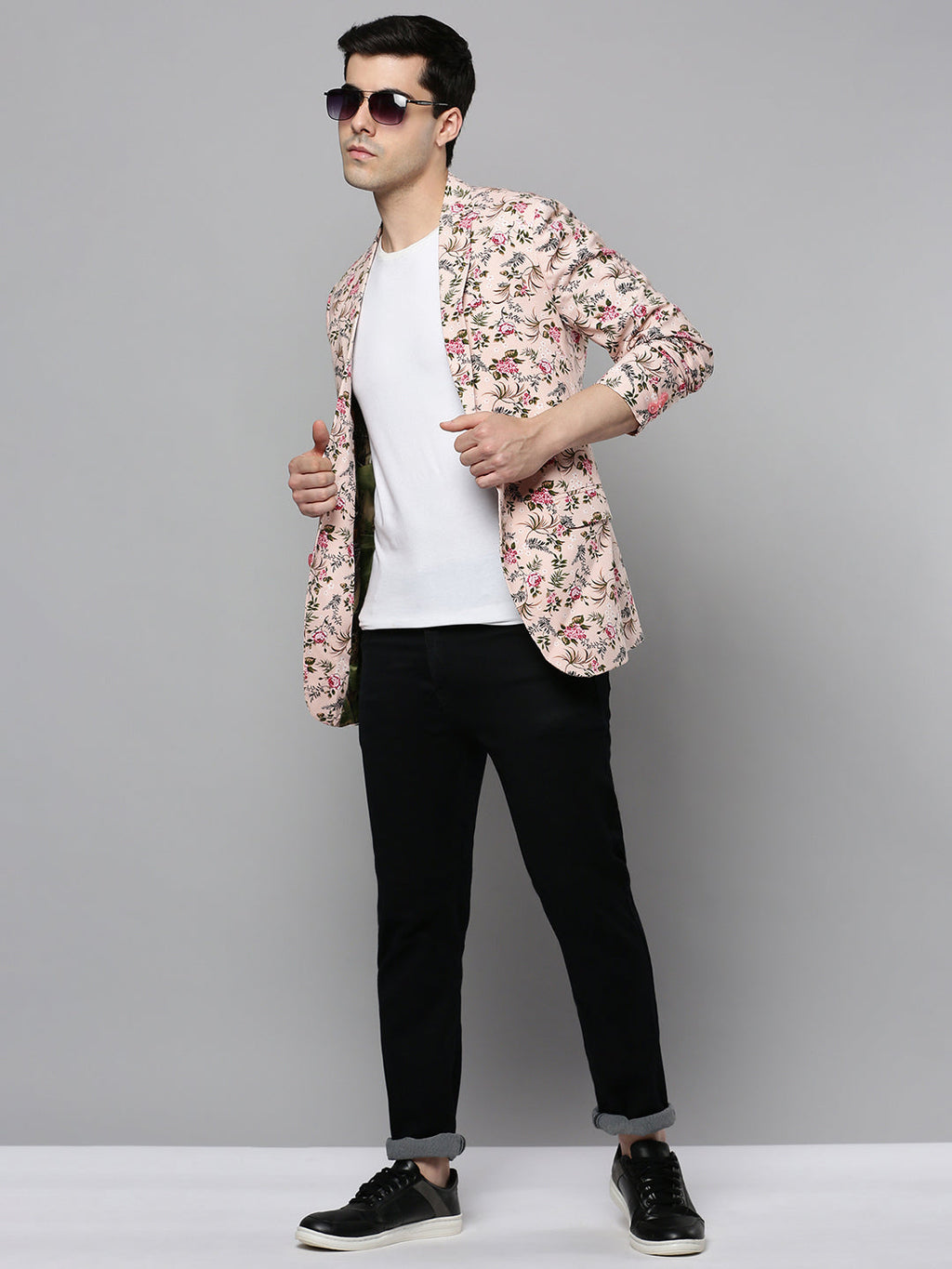 Men's Peach Floral Printed Slim-Fit Single-Breasted Blazer