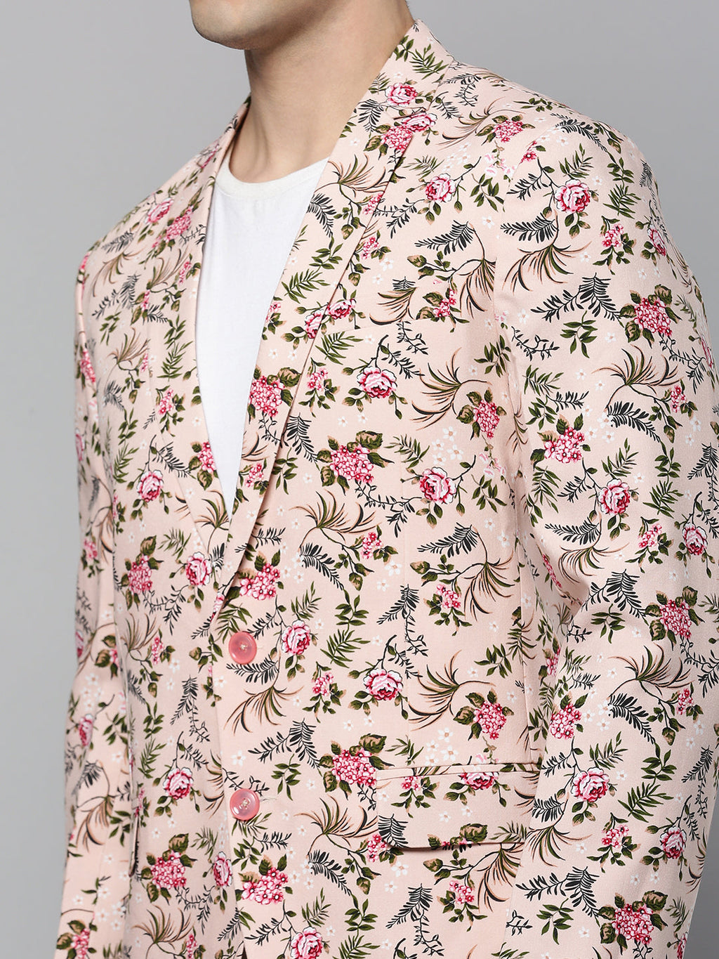 Men's Peach Floral Printed Slim-Fit Single-Breasted Blazer