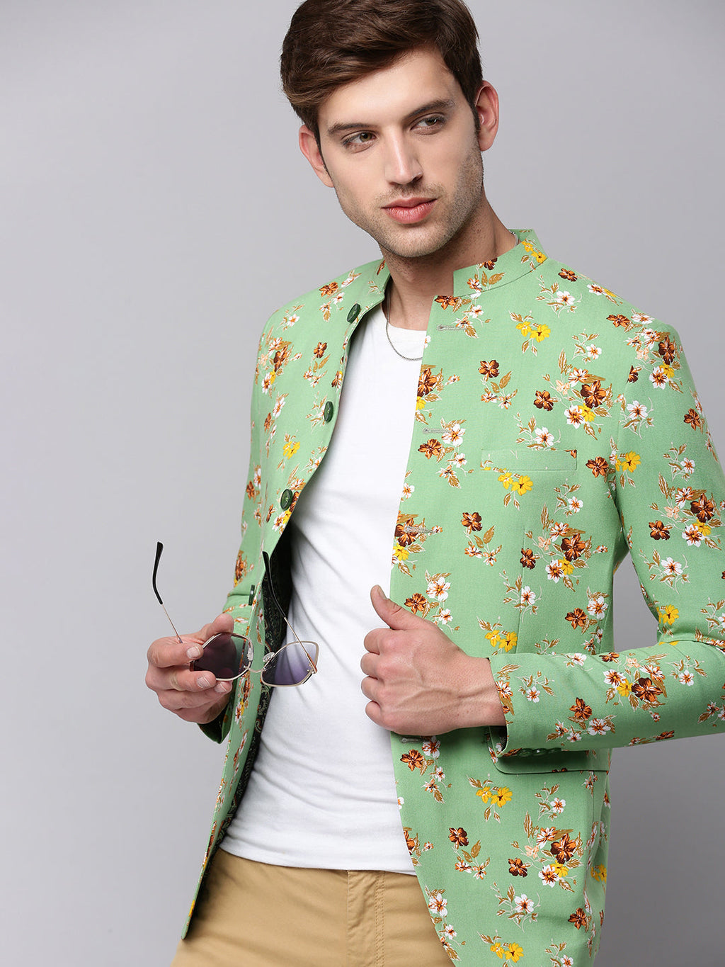 Men's Green Printed Slim Fit Bandhgala Blazer