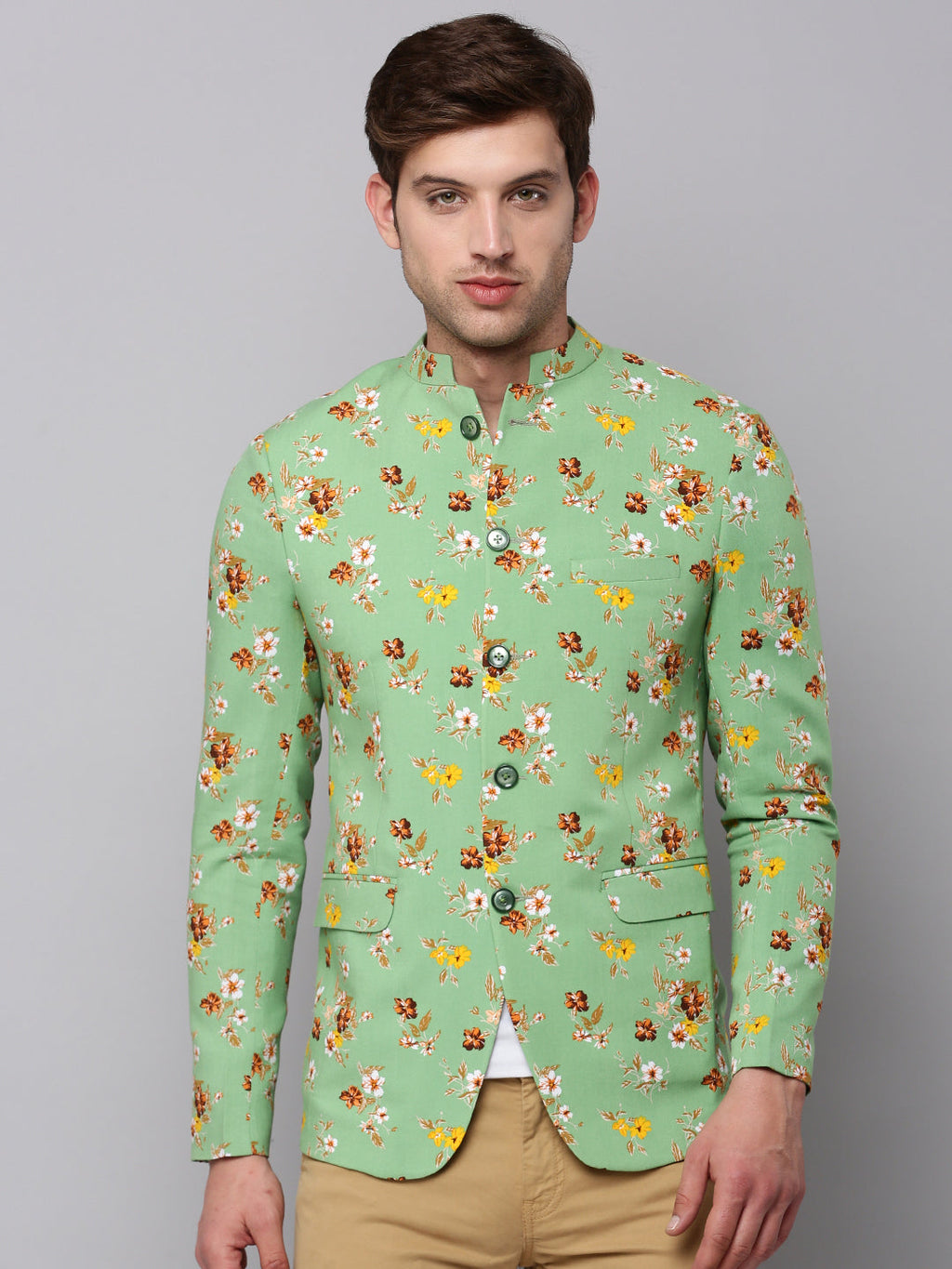 Men's Green Printed Slim Fit Bandhgala Blazer