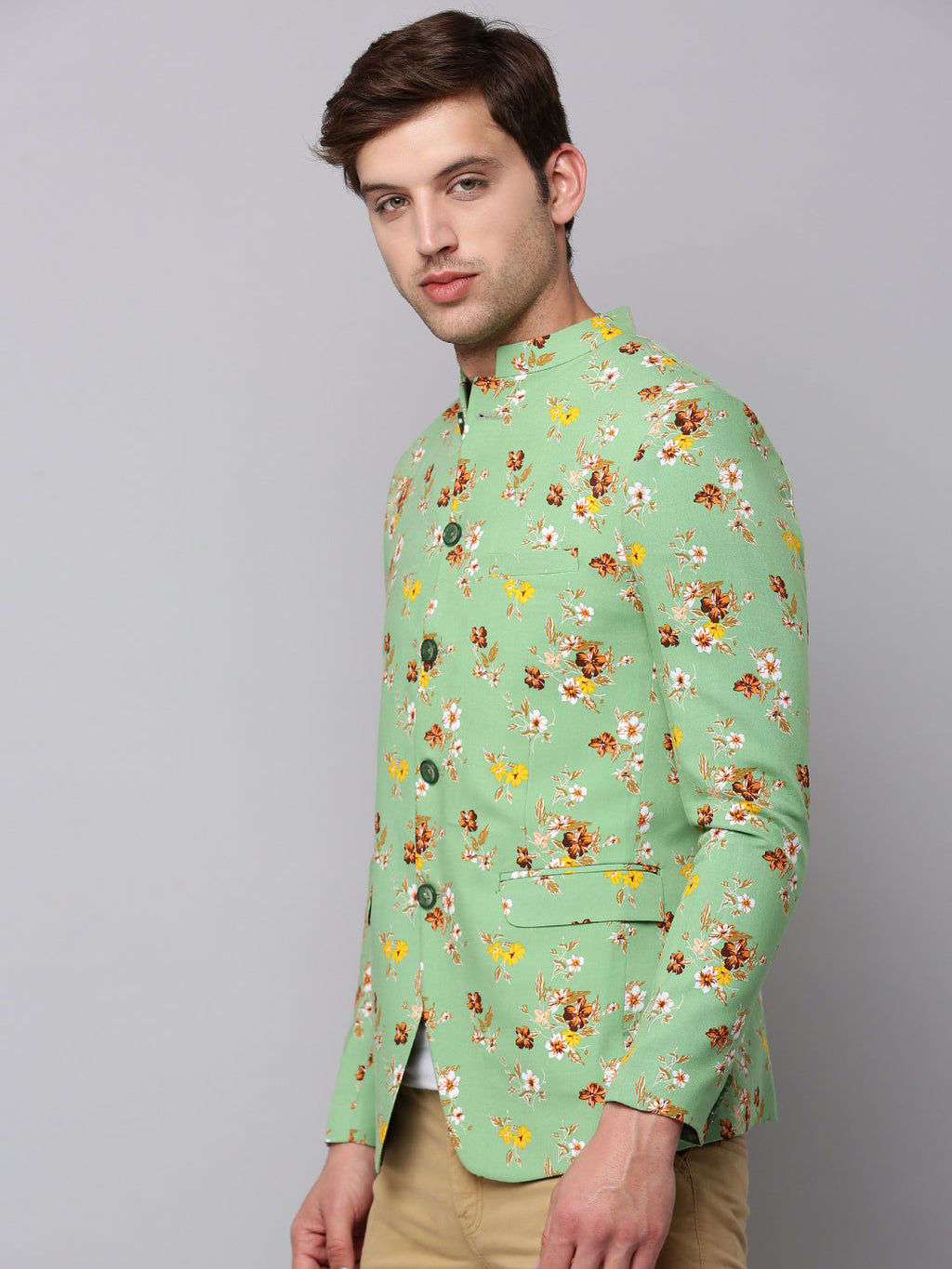 Men's Green Printed Slim Fit Bandhgala Blazer